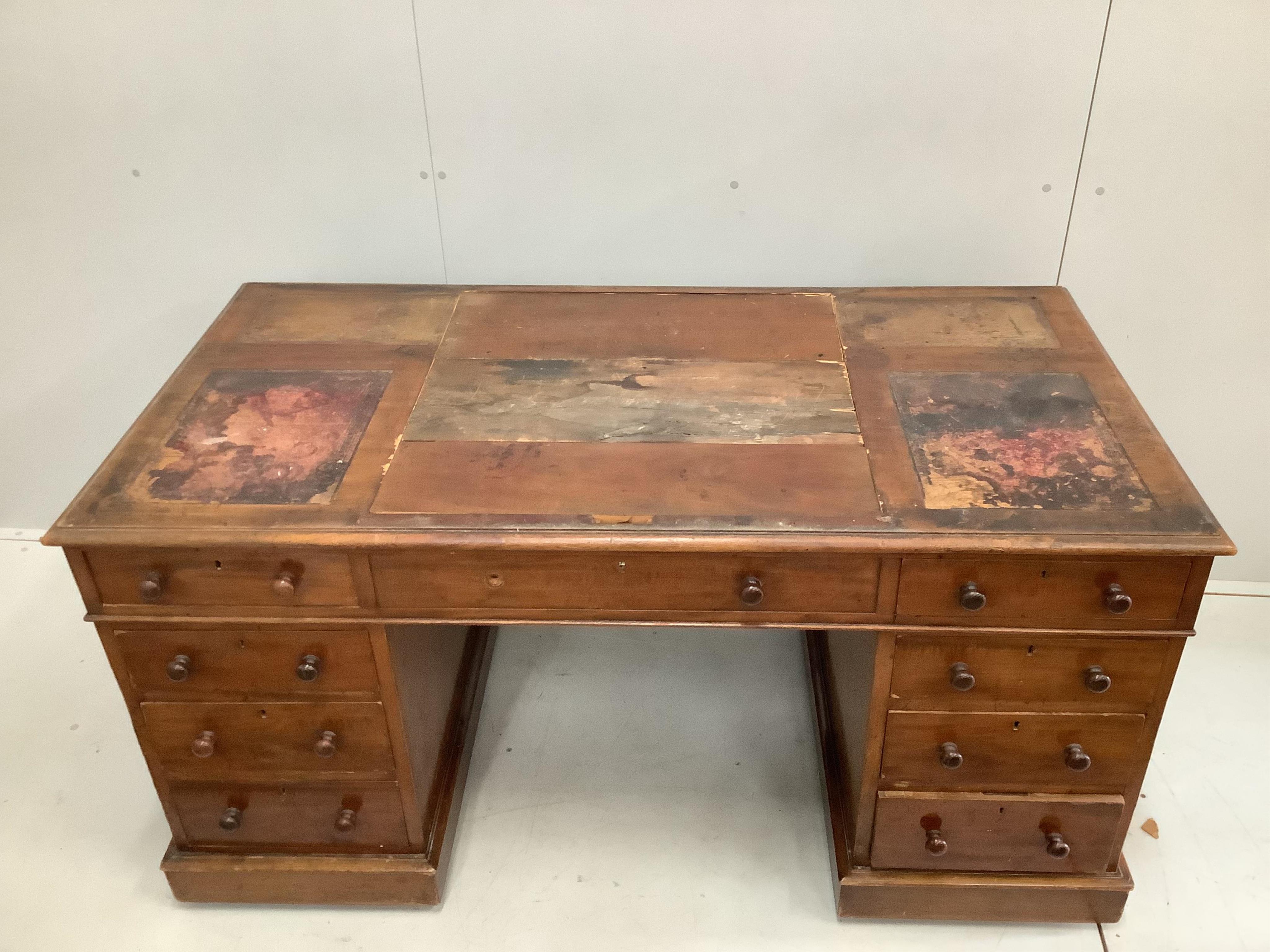 A Victorian mahogany pedestal desk, fitted eight small drawers, boarded top, width 151cm, depth 79cm, height 76cm. Condition - poor